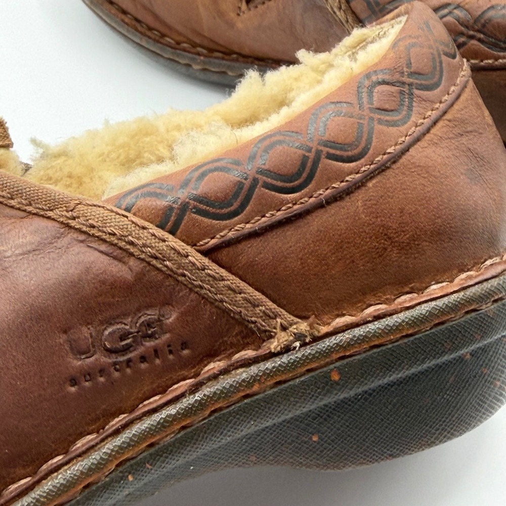 UGG Bettey Leather Clogs Womens 6 Brown Shearling Lined Mules Cozy Fall Celtic - Picture 5 of 12